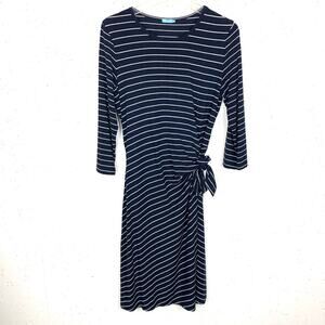 J.McLaughlin Elora Dress Pullover Faux Wrap Dress Navy White Stripe Size Medium